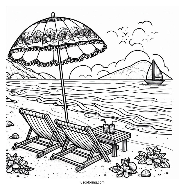 Beach Coloring Page Chair And Umbrella Facing The Sea
