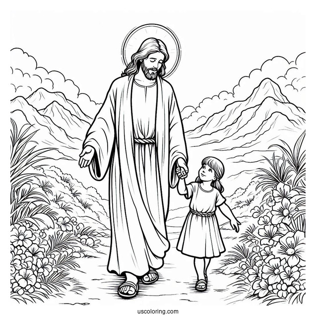 Jesus Coloring Page Walking With A Little Girl In Paradise