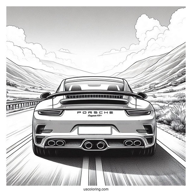 Realistic Back View Of Porsche Coloring Page On The Road