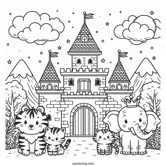Cute Tiger, Elephant, And Zebra Outside A Castle Coloring Page For Kids