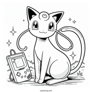 Mew Coloring Page Standing In Front Of Game Boy Console