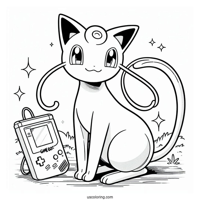 Mew Coloring Page Standing In Front Of Game Boy Console