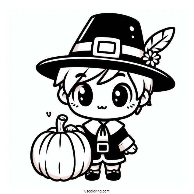 Kawaii Chibi Boy Pilgrim Coloring Page Holding A Pumpkin For Kids