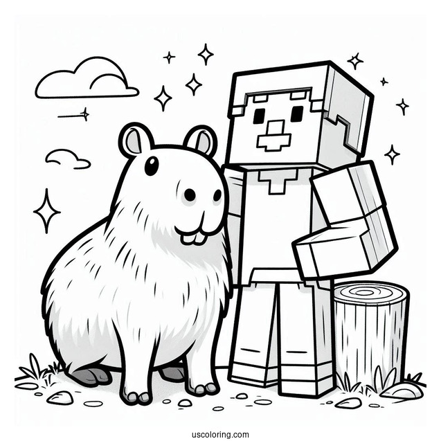 Minecraft Steve With A Capybara Coloring Page For Kids