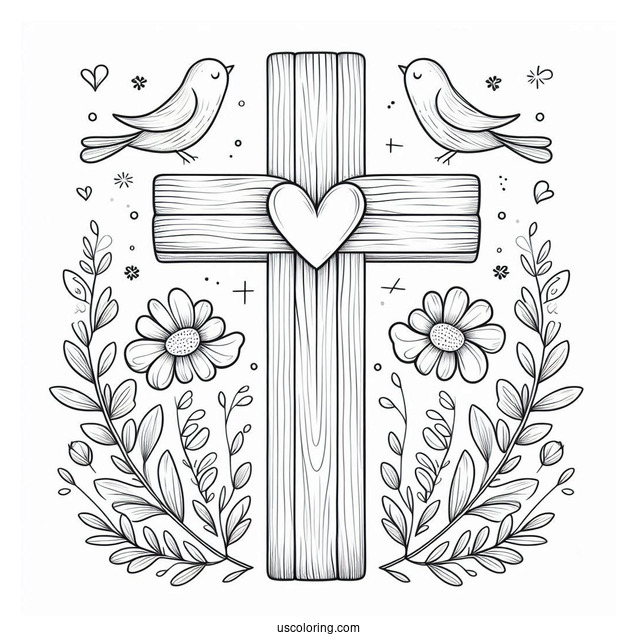 Wooden Easter Cross With Love Heart And Birds