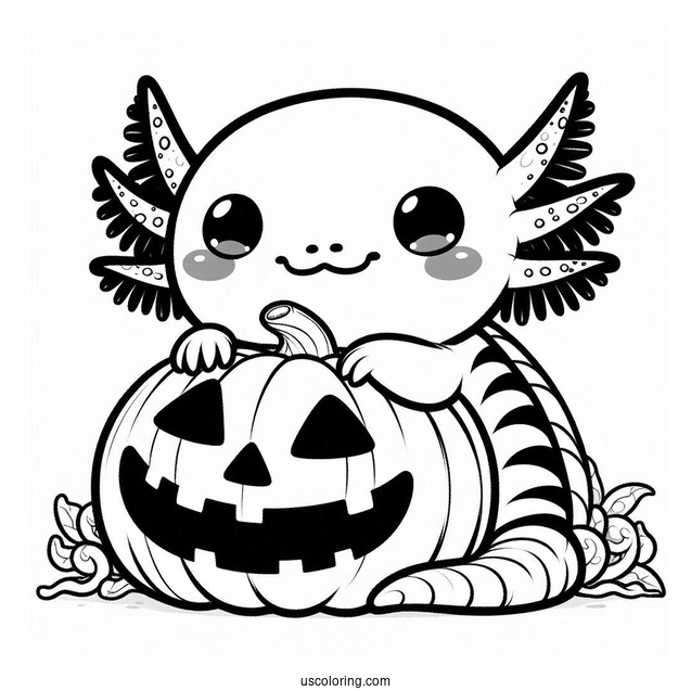 Kawaii Axolotl Coloring Page Hugging A Jack O Lantern