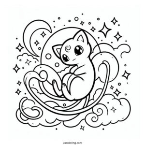 Mew Coloring Page Floating In The Sky With Stars