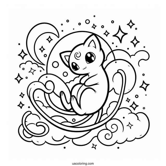 Mew Coloring Page Floating In The Sky With Stars