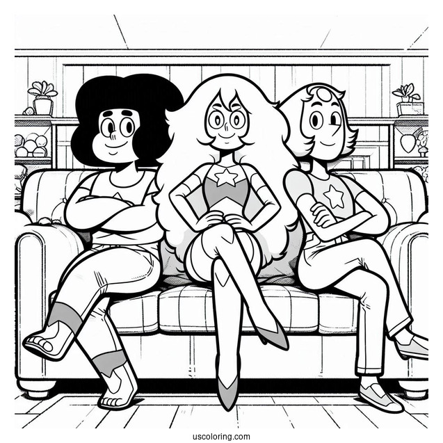 Steven Universe Coloring Page Of Posing On Couch With Amethyst, Pearl, And Garnet