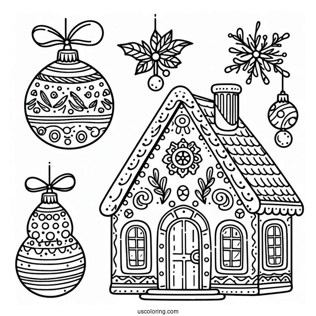 Easy Gingerbread House Christmas Ornaments Coloring Page For Kids