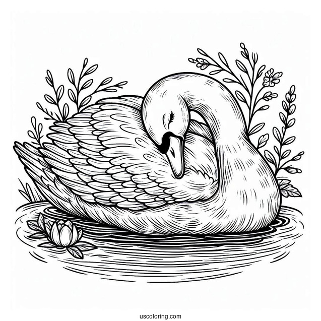 Detailed Swan Coloring Page Sleeping On Pond