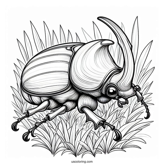 Detailed Hercules Beetle Coloring Page On The Grass