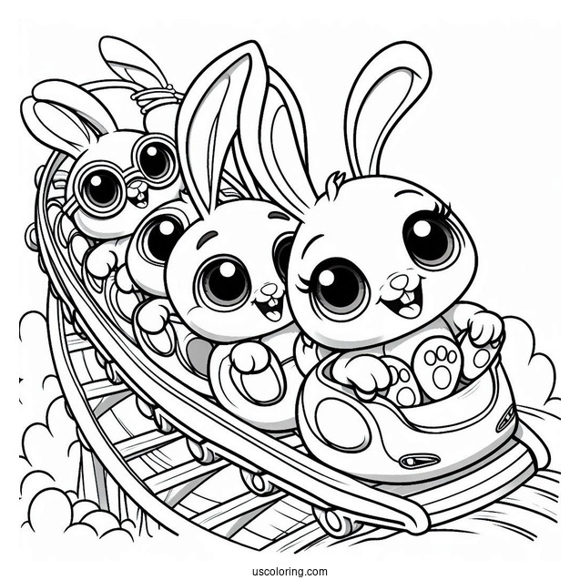 Sunny Bunnies Coloring Page Turbo, Shiny, Big Boo, Iris, And Hopper Riding Rollercoaster For Kids