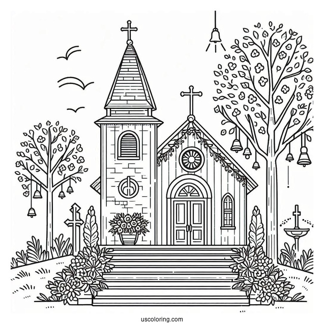 Simple Church Coloring Page With Crosses And Bells For Kids