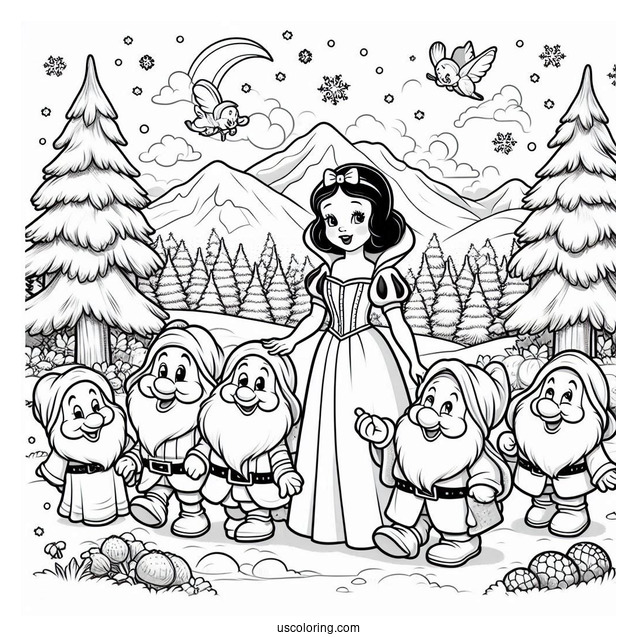 The Seven Dwarfs With Snow White To Color