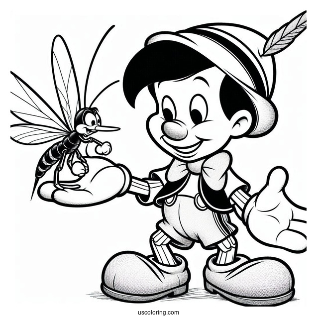 Pinocchio Coloring Page Holding Up Jiminy Cricket On His Elbow