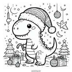 Cute Christmas Themed T-Rex Coloring Page