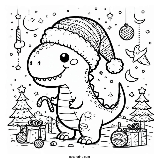 Cute Christmas Themed T-Rex Coloring Page
