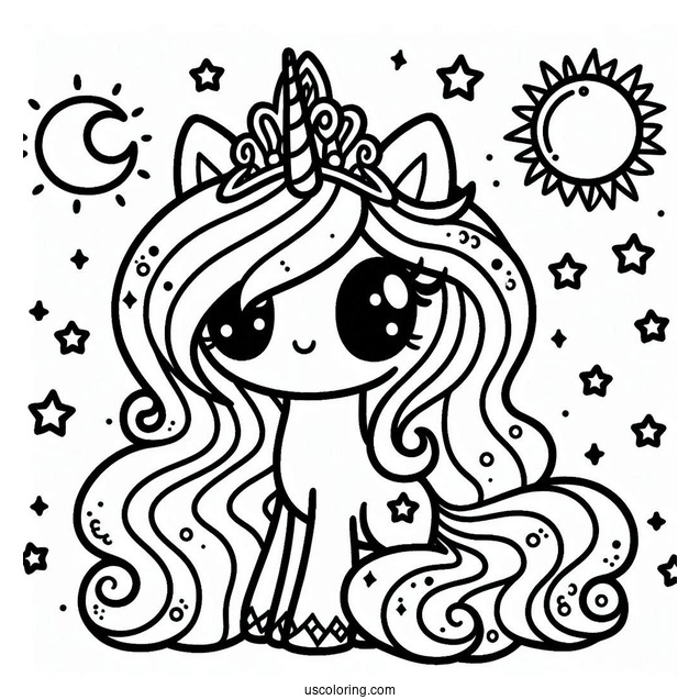 Kawaii Princess Celestia Coloring Page With Stars For Preschoolers