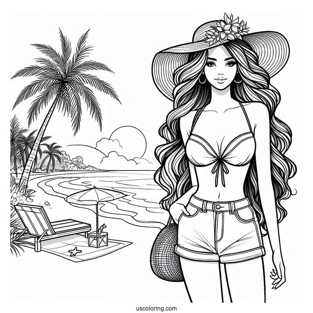 Beautiful Woman In A Summer Coloring Page Outfit At The Beach