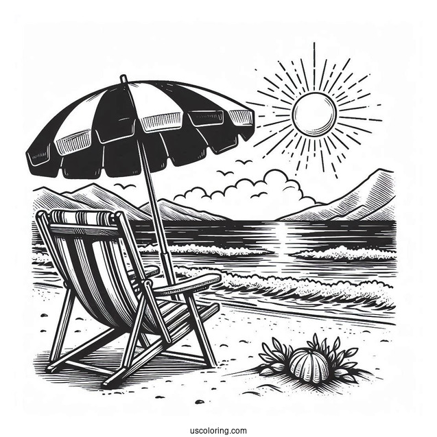 Beach Coloring Page Chair And Umbrella Facing The Sea
