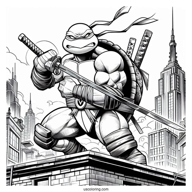 Ninja Turtles Coloring Page Of Angry Raphael Holding Sword On Rooftop