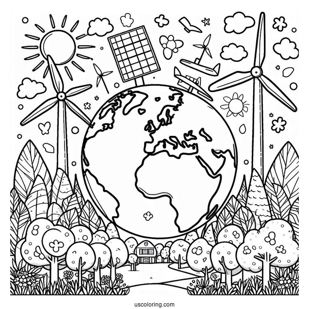 Earth Surrounded By Trees, Windmills, And Solar Panels