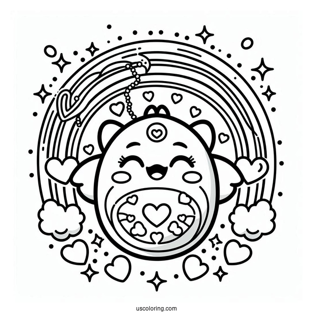 Tamagotchi Coloring Page Of Detailed Tamagotchi With Hearts And Rainbows
