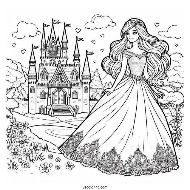 Princess Barbie In Front Of Castle To Color