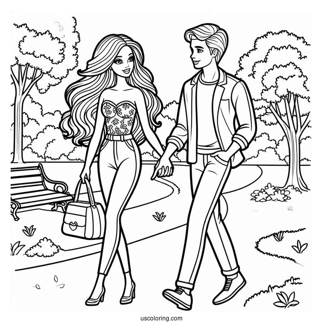 Barbie And Ken Walking In Park To Color