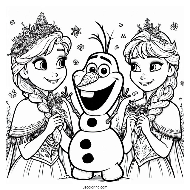 Olaf With Anna And Elsa To Color