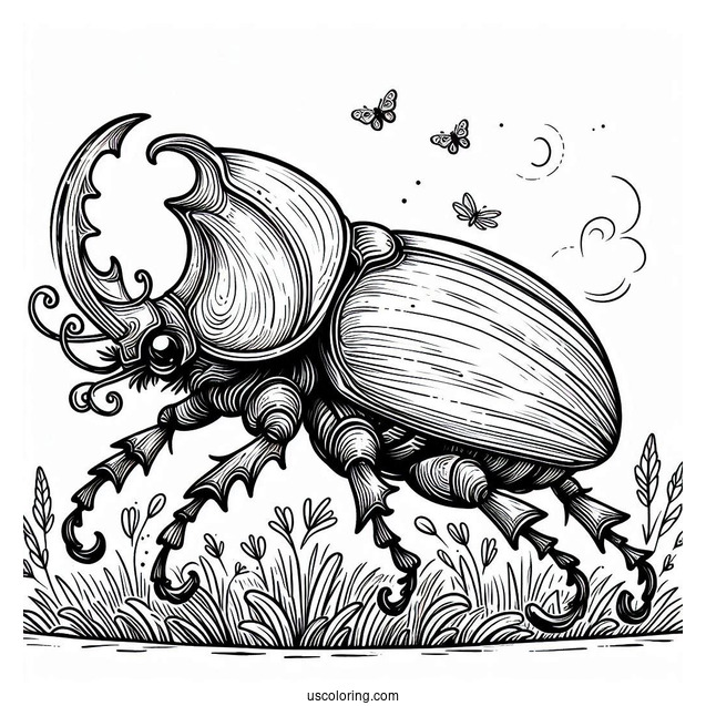 Detailed Hercules Beetle Coloring Page On The Grass
