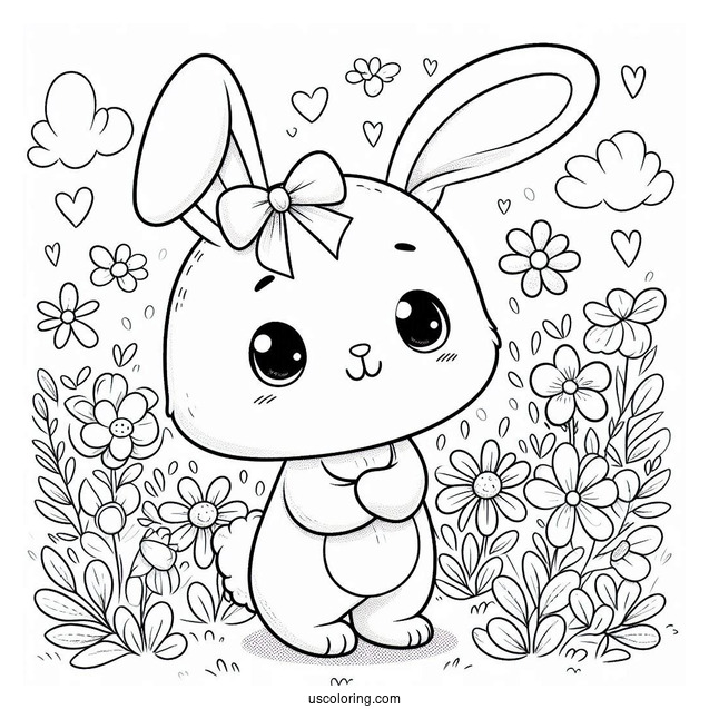 Pretty Little Easter Bunny Coloring Page In Flower Field For Kids
