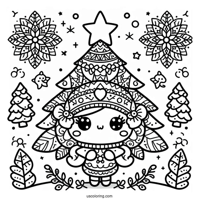 Christmas Mandala Coloring Page Of Kawaii Christmas Tree With Large Star Mandala For Kids