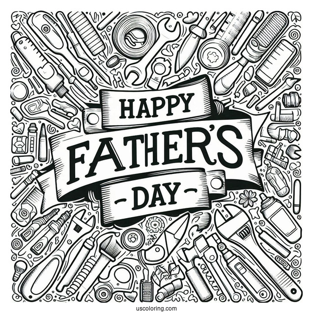 Happy Father's Day Coloring Page Of Words Surrounded By Tools