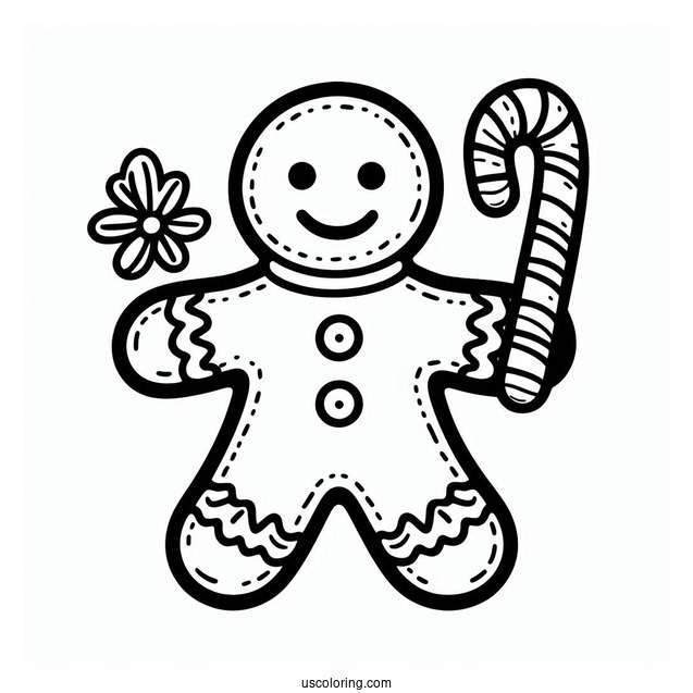 Gingerbread Man With Candy Cane Coloring Page For Preschoolers