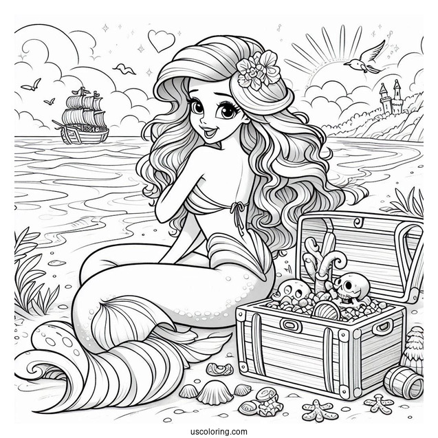 Palace Pets Coloring Page Of Ariel At The Beach With Treasure