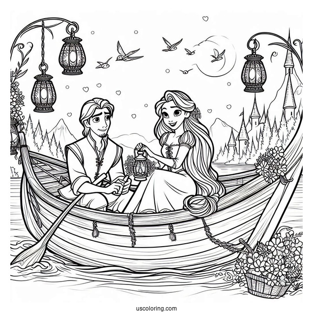 Rapunzel And Eugene In Boat With Lanterns To Color