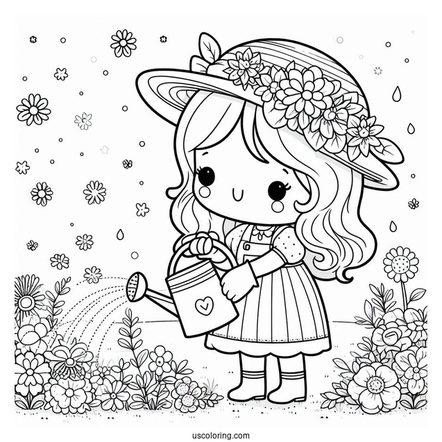 Cute Girl Watering Spring Coloring Page Flowers For Preschoolers