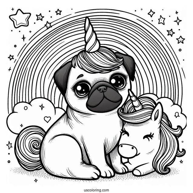 Magical Pug Coloring Page with Unicorn Horn and Rainbow Background