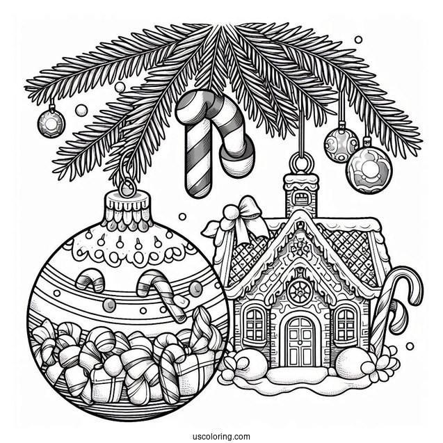 Gingerbread House And Candy Canes Inside Bauble Christmas Ornaments Coloring Page