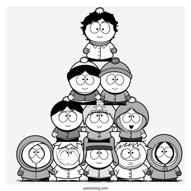 South Park Coloring Page Of Kenny, Kyle, Stan, Tolkein, Eric, And Butters Forming Pyramid