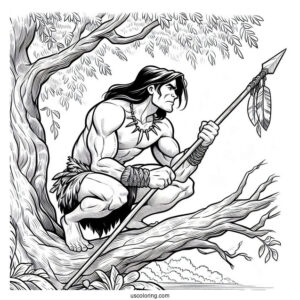 Tarzan Coloring Page Holding Spear While Crouched On Tree Branch