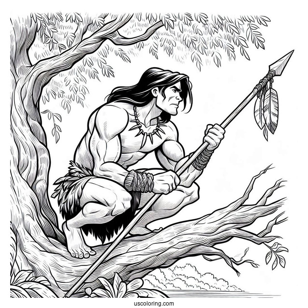 Tarzan Coloring Page Holding Spear While Crouched On Tree Branch