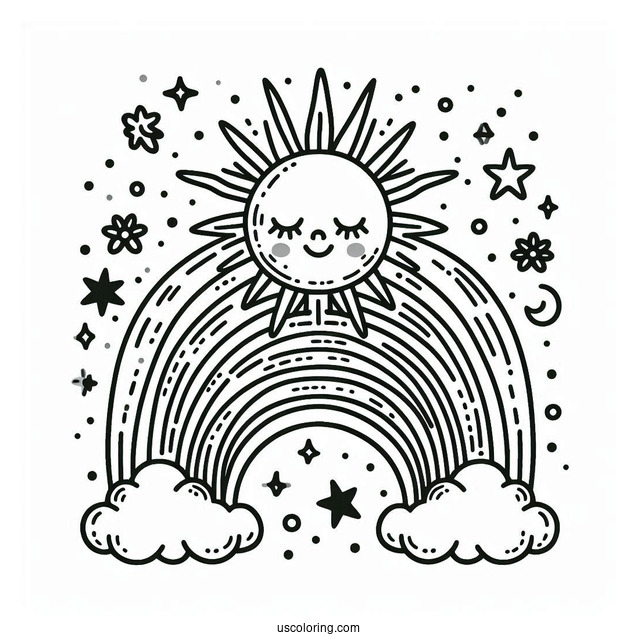 Large Sun With Rainbow And Clouds To Color