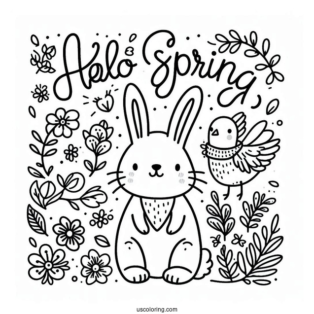 Hello Spring Words Above Rabbit And Bird In Spring Coloring Page