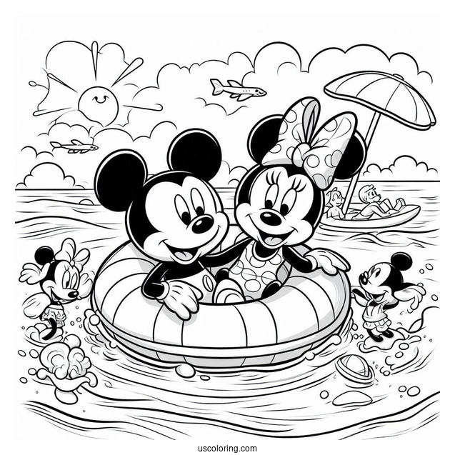 Swimming Coloring Page Of Mickey Mouse And Minnie Mouse On An Inflatable At The Beach