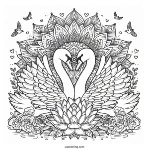 Twin Swan Coloring Page In Front Of Flower Mandala