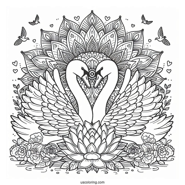 Twin Swan Coloring Page In Front Of Flower Mandala