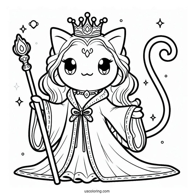 Mew Coloring Page With Crown, Robe, And Scepter For Kids